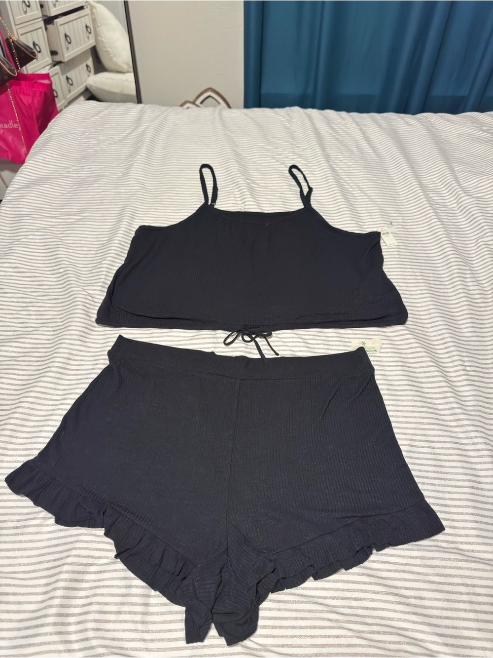 Aerie Women’s Ribbed Camisole & Ruffle Short Sleep Set - Black size XXL NWT